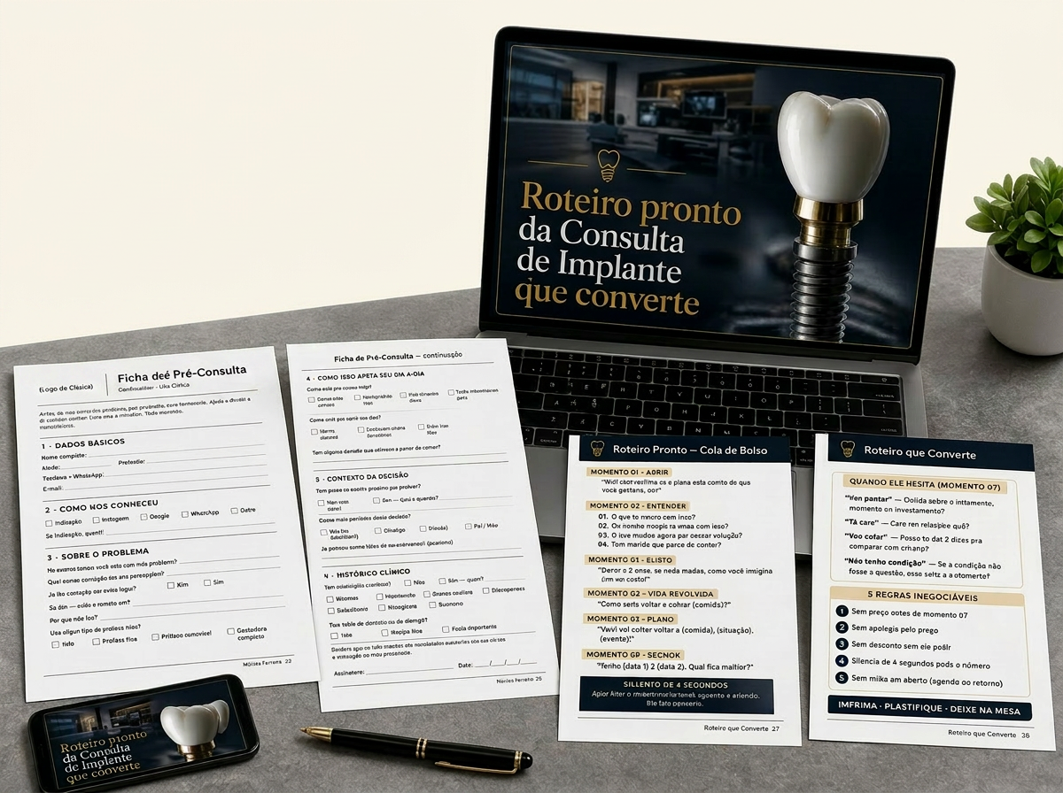 Roteiro pronto da consulta de implante que converte — materiais impressos e laptop